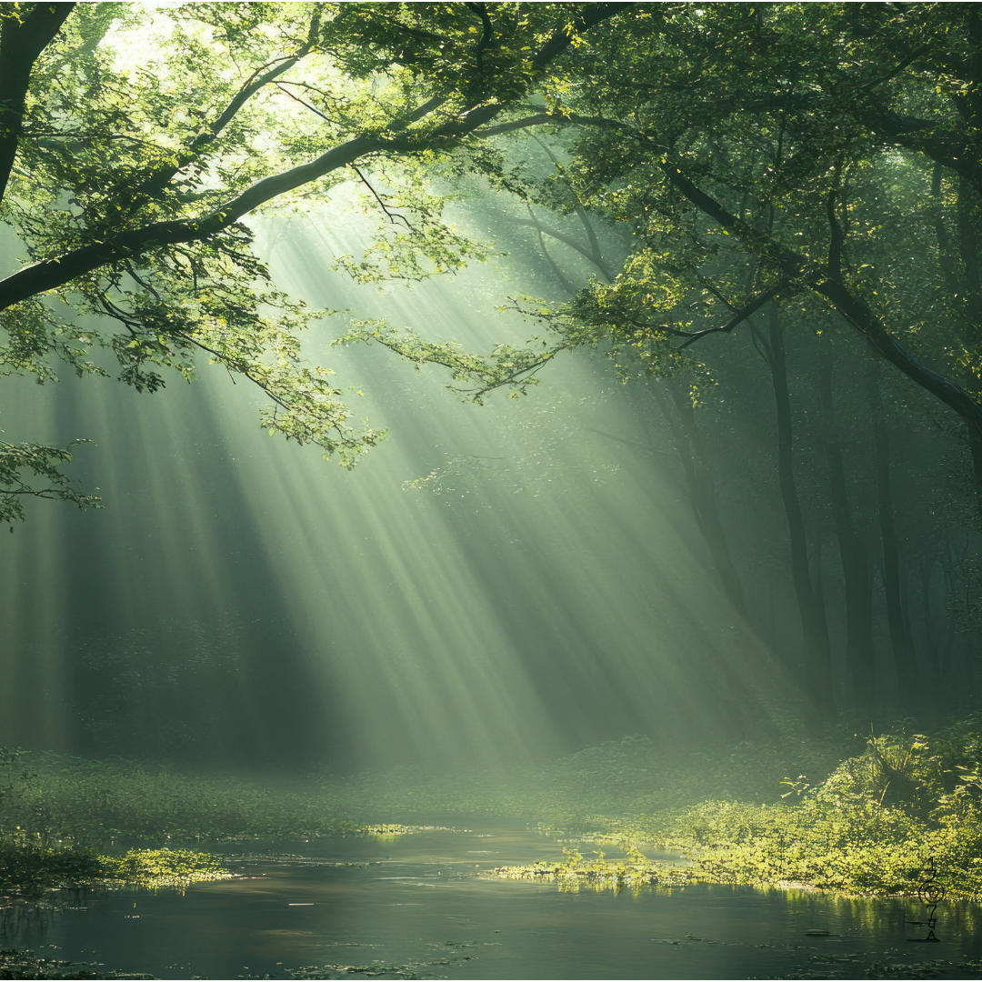 Chakra Racine Muladhara – Stabilité et enracinement à la Terre Illustration du chakra racine Muladhara représenté par une forêt dense aux arbres majestueux et aux racines apparentes, symbolisant la stabilité, l’enracinement et la connexion profonde à la Terre.